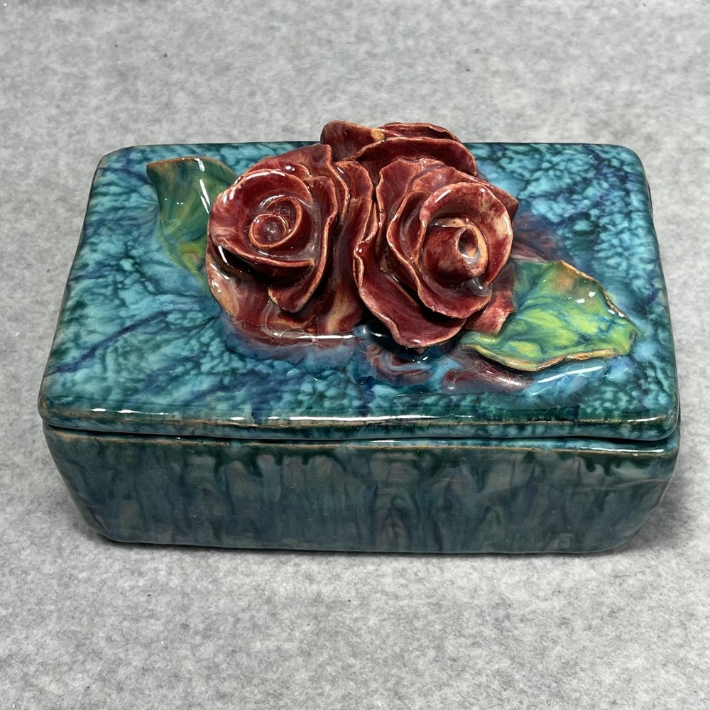 Handmade Trinket‎ Jewelry Box Sculpted Rose Lid Turquoise Blue Studio Pottery